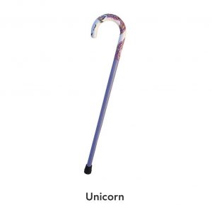 Photo of a walking cane painted with a sparkly unicorn. 