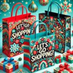 Image of 3 colorful gift bags, decorated with holiday patterns such as snowflakes, ribbons, and ornaments.  The bags are printed with "Let's Go Shopping!" in bold white text. 