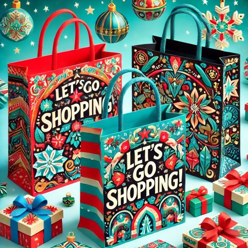 Image of 3 colorful gift bags, decorated in vibrant holiday designs, such as snowflakes and Christmas ornaments. Each bag says "Let's Go Shopping!" in bold white text.